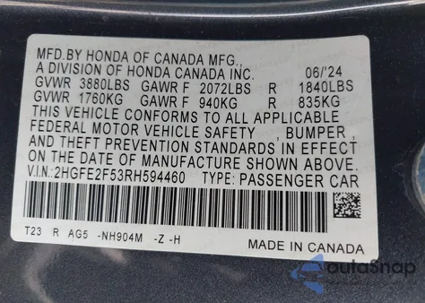 2024 Honda Civic Sport z USA, uszkodzony, nr VIN 2HGFE2F53RH594460